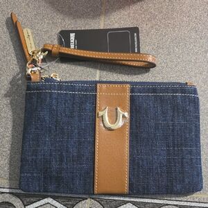True Religion Denim Wristlet with Brown and Gold Accents